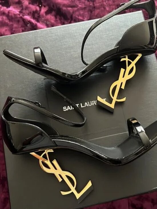 Saint Laurent Shoes - Saint Laurent Black Patent Leather Sandals with Gold Logo